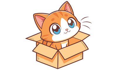 Adorable cartoon orange tabby kitten with big blue eyes peeking out of an open cardboard box isolated on a white background conveying cuteness and playful curiosity