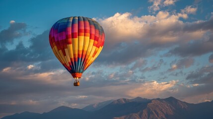 Naklejka premium Colorful hot air balloon flying over scenic mountain landscape under a vibrant sky