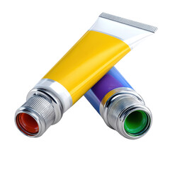 Two tubes of paint, one yellow and one blue, are sitting next to each other. isolated-on-ransparent-3d-background
