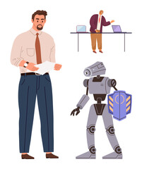 Businessman holding papers, another presenting at a desk, and a robot with a shield. Ideal for technology, teamwork, AI, innovation, cyber protection corporate planning creative collaboration. A