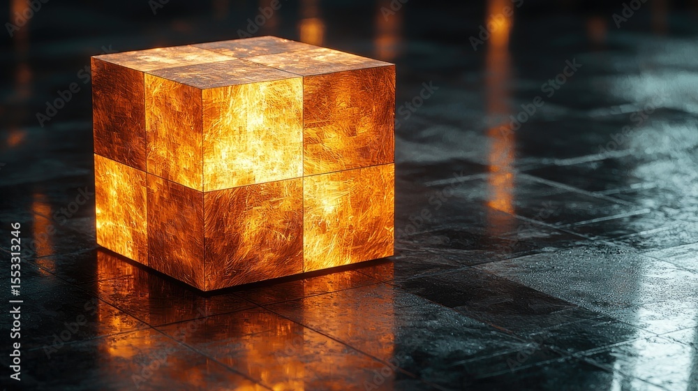 Fototapete illuminated cube object on dark surface.