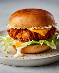 a close-up food photograph of a crispy fried chicken burger on a white plate
