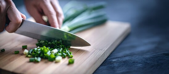 Close up of hands chopping fresh green onions on a wooden cutting board with a sharp knife