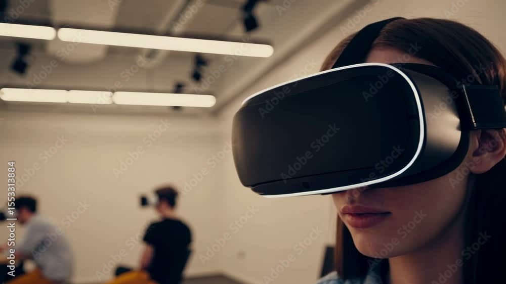Poster young student wearing vr headset engaging with immersive digital learning environment, transforming 