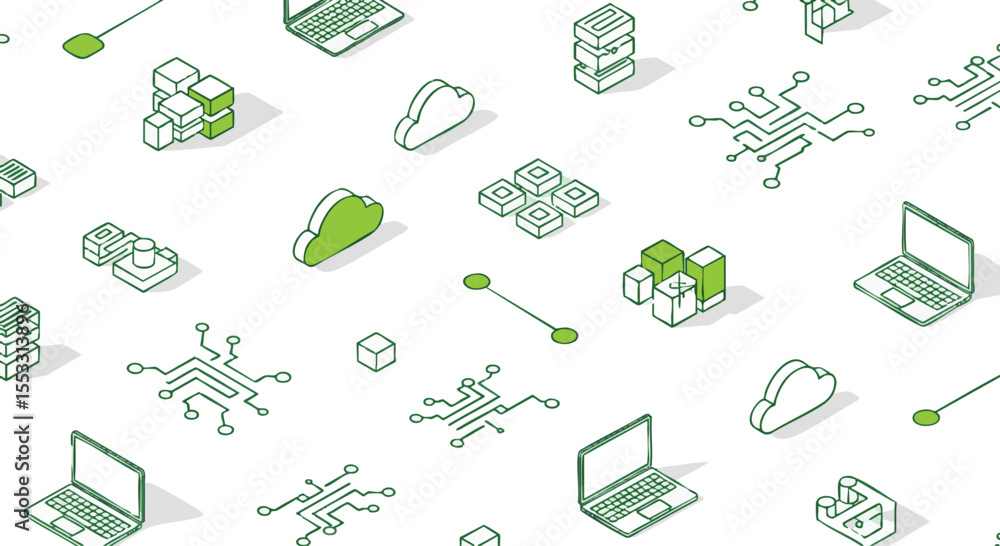 Aufkleber modern isometric pattern of interconnected digital technology icons and data elements