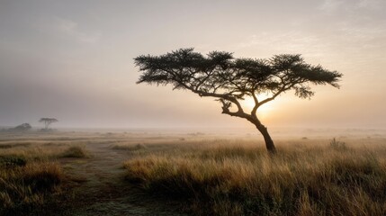 Obraz premium Solitary acacia tree in a misty savanna during a stunning sunrise