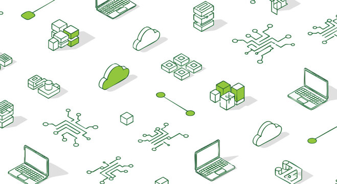 Modern Isometric Pattern of Interconnected Digital Technology Icons and Data Elements