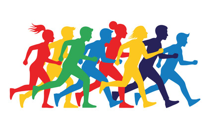 Dynamic Colorful Silhouettes of Diverse Runners Exercising Together, Promoting Health, Unity, and Fitness