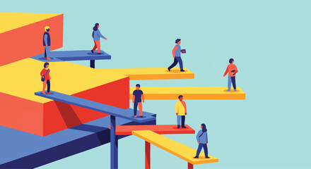 Naklejka premium Diverse Individuals Navigating Complex Interconnected Pathways and Elevated Platforms in a Geometric World
