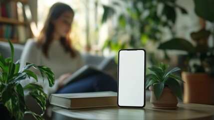 Smartphone with blank screen on table with plants and woman reading in background
