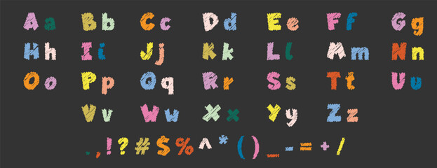 Hand-drawn English alphabet in crayon style. Colorful uppercase letters with a chalk, pastel, or wax texture. Highlighter effect on a whiteboard, ideal for kindergarten drawing and early learning. EPS
