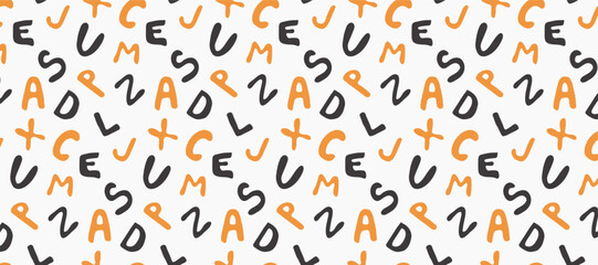 Seamless pattern with orange and brown letters. Template for print fabrics, wallpaper, clothes. Vector graphics. 