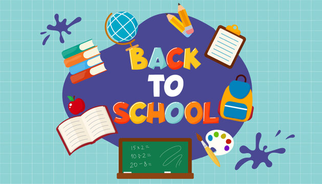 Horizontal poster or web banner in a trendy doodle style featuring geometric shapes, bold design elements, and modern typography. Perfect for back-to-school, college, education, and study-related conc