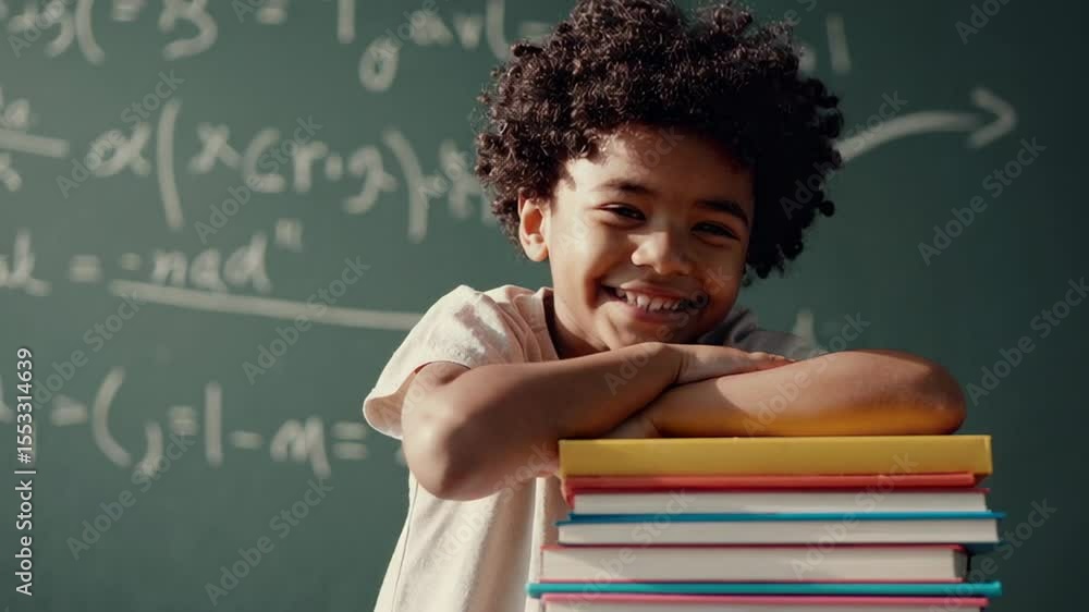 Aufkleber Young student smiling and leaning on a stack of colorful textbooks in front of a chalkboard with mathematical equations written on it, expressing joy and eagerness for learning