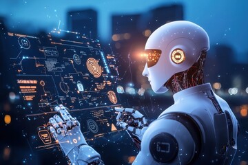 Ai-powered virtual assistant development urban technology hub digital art creation futuristic environment close-up perspective innovation concept