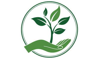 A stylized green logo featuring a nurturing hand cradling a growing plant with leaves inside an oval frame symbolizing care and environmental protection concepts