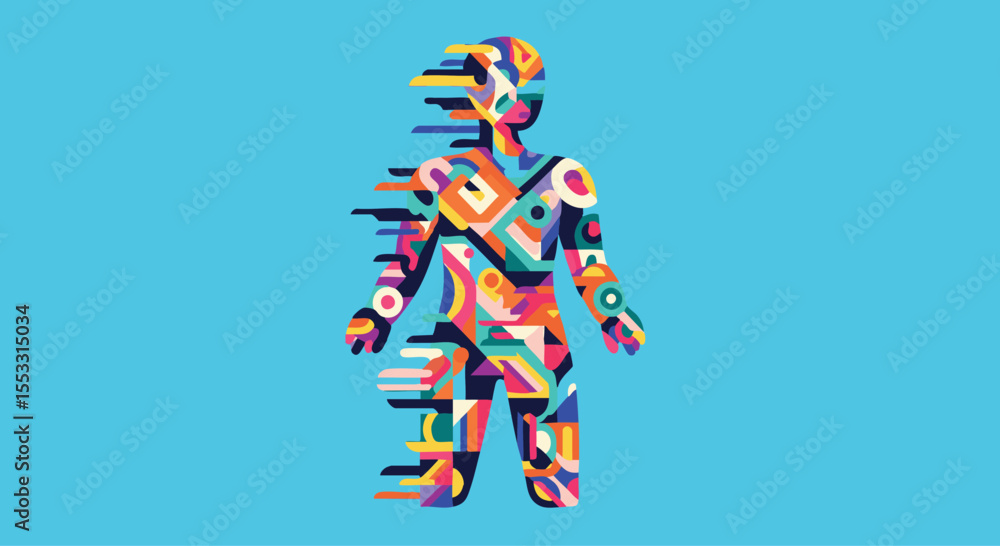 Poster vibrant abstract human form composed of intersecting geometric shapes and digital fragmentation