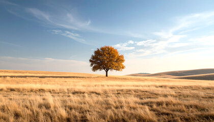 Lone Autumn Tree Standing in a Golden Grassy Field Under Blue Sky