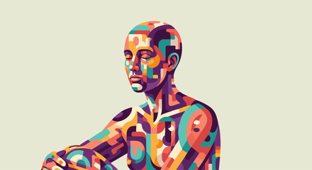 Vivid Abstract Human Figure Meditating, Composed of Vibrant Geometric Shapes and Psychedelic Colors