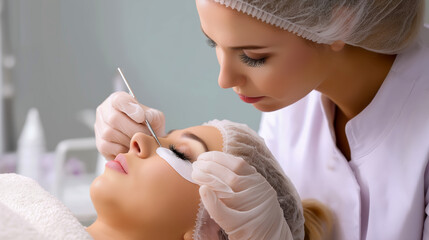 Beautician woman applying eyelash extension. Client woman with eye patch on face, receiving beauty treatment. Makeup and service.