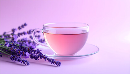Calming lavender tea in glass cup on pastel background for relaxation.
