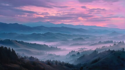Obraz premium Misty mountain range during sunrise with vibrant pink and blue hues