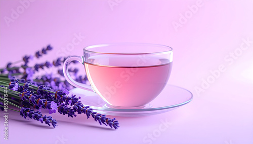 Calming lavender tea in glass cup on pastel background for relaxation.