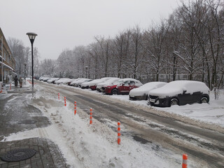 Row of cars are parked on snowy street. The cars are covered in snow. There are several cars in...