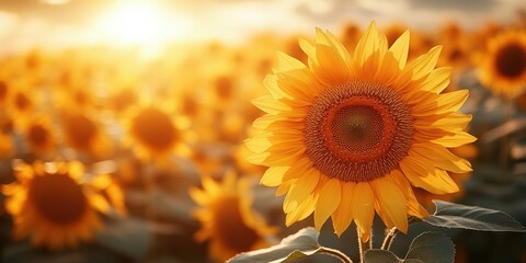 Fototapeta premium Sunflowers bloom in golden light at a vibrant field during sunset in summer