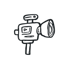 Doodle illustration of a retro video camera on isolated white background