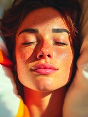 Freckled female face in golden sunlight with closed eyes and natural lips on soft pillow background