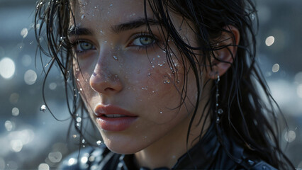 Young Woman Emotional With Wet Face Against Blurred Grey Background Natural Beauty Concept