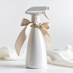 Elegant cleaning spray bottle adorned with satin ribbon, presenting aesthetic, on white background