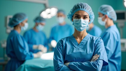 Doctor in medical mask and gloves against the background of the operating room. Medicine and healthcare concept