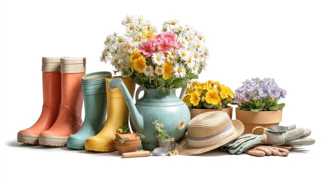 Spring gardening tools and flowers - Powered by Adobe