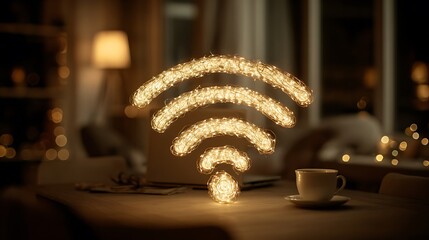 Abstract representation of a glowing Wi-Fi symbol floating over a work desk with a coffee cup