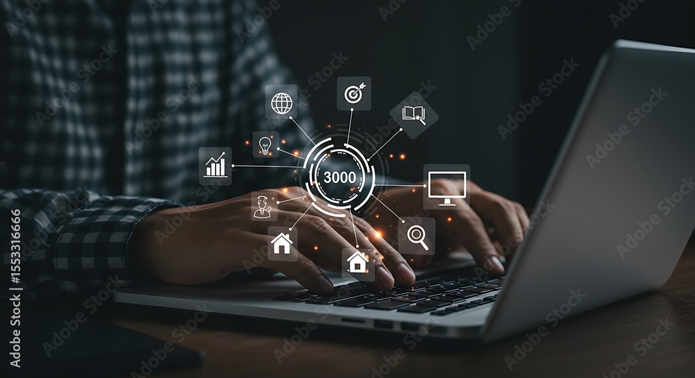 Poster businessman working on a laptop with digital icons representing data and technology connection