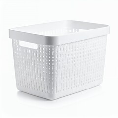 Bright white plastic woven basket for home storage solutions organization on white background