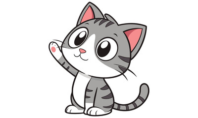 A cute cartoon tabby cat with big eyes and a friendly smile waves its paw in a welcoming gesture against a white background