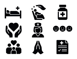Palliative Care Icons. Solid, filled icons set of palliative care: hospice bed, comfort care icon, medication