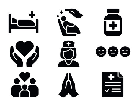 Palliative Care Icons. Solid, filled icons set of palliative care: hospice bed, comfort care icon, medication