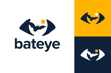 bat eye moon logo. Flying Bat Animal Logo Design with human eye and yellow moon vector illustration