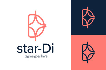 Line letter D logo design vector illustration. Initial Letter D Dream with 4 Four Pointed Star logo design