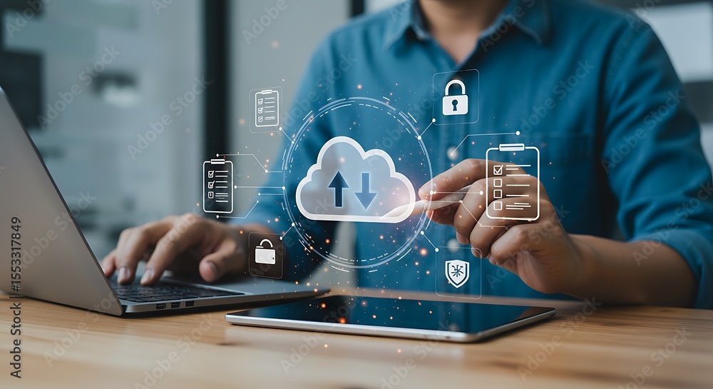 Poster businessman using cloud technology with laptop and tablet data synchronization and security