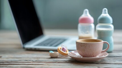 A remote work desk with a laptop, baby bottles, a pacifier, and a coffee cup