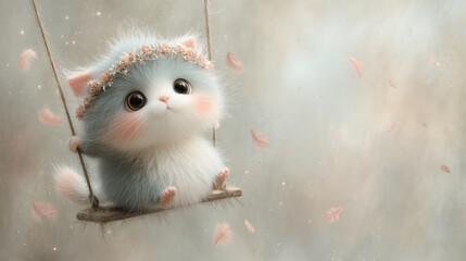 fantasy cute rat with floral headdress is riding a swing. wallpaper or background image. blurred background.