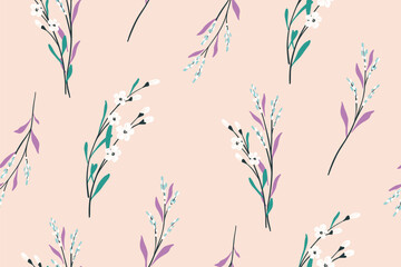 Seamless floral pattern, delicate botanical print with wildflowers in pastel colors. Romantic floral design of gentle hand drawn plants, small flowers, tiny leaves, twigs on pink. Vector illustration