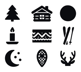 Scandinavian Winter Icons. Solid, filled icons set of Scandinavian-inspired winter elements: pine tree, wood