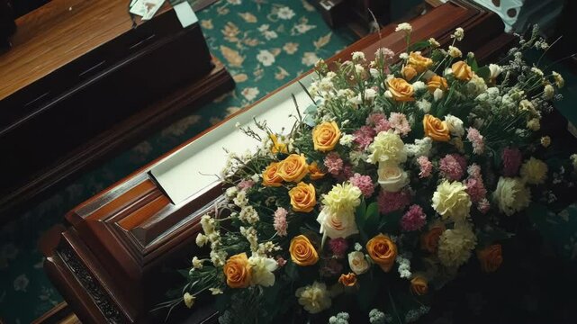 A beautiful bouquet of flowers for a funeral, including yellow roses and white flowers in a casket.