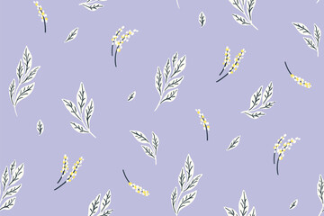 Seamless floral pattern, delicate floral design tile in pastel colors. Cute botanical print with small hand drawn flowers, tiny leaves, twigs abstractly on lilac background. Vector illustration.